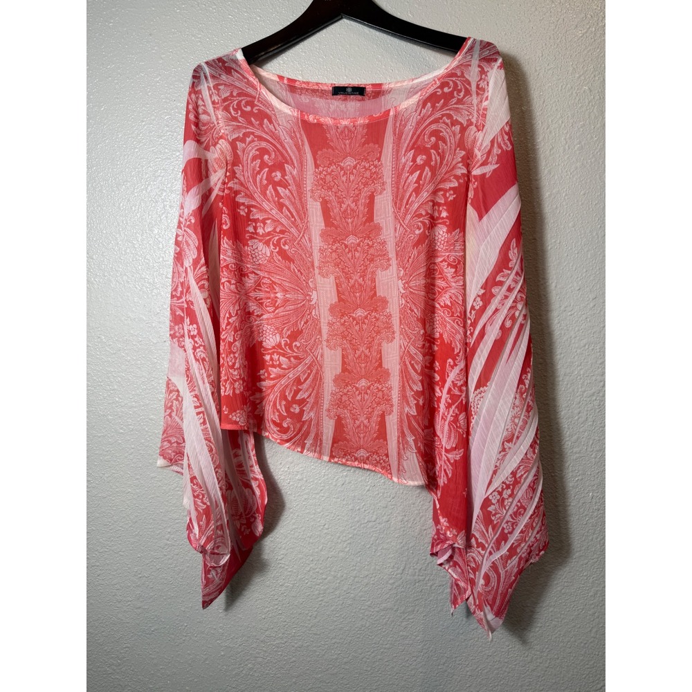 Valentine Sheer Coral Paisley Print Draped Sleeve Blouse Top Size M